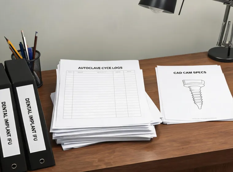 Dental specification review desk with implant IFU binders